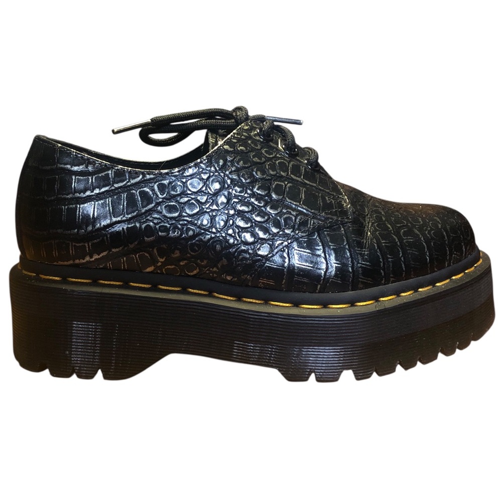 DR MARTENS 1461 quad croc emboss leather platform shoe in gunmetal - Picture 7 of 14